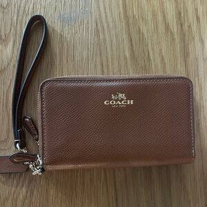 Coach Double Zip Wristlet Brown 4 X 6.5 Coin ID Credit Card Wallet Purse Clutch